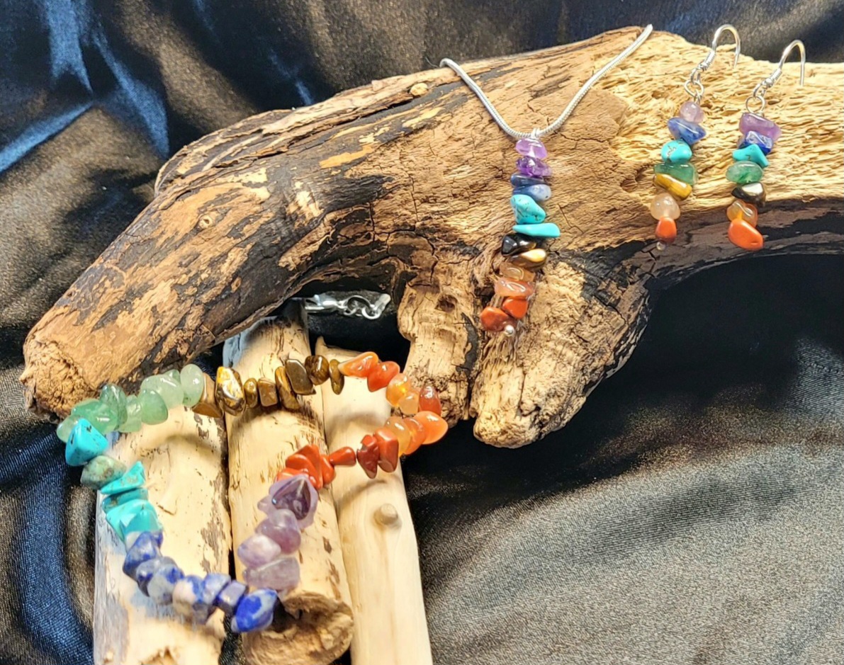 Chakra Crystal Chip Bracelet with earrings Set