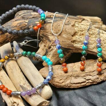 Two Chakra Crystal Bracelets with metal & Lava, Chakra Crystal wire wrapped bead pendant Earrings