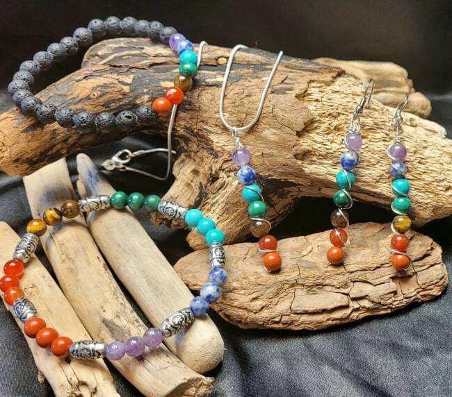 Two Chakra Crystal Bracelets with metal & Lava, Chakra Crystal wire wrapped bead pendant Earrings