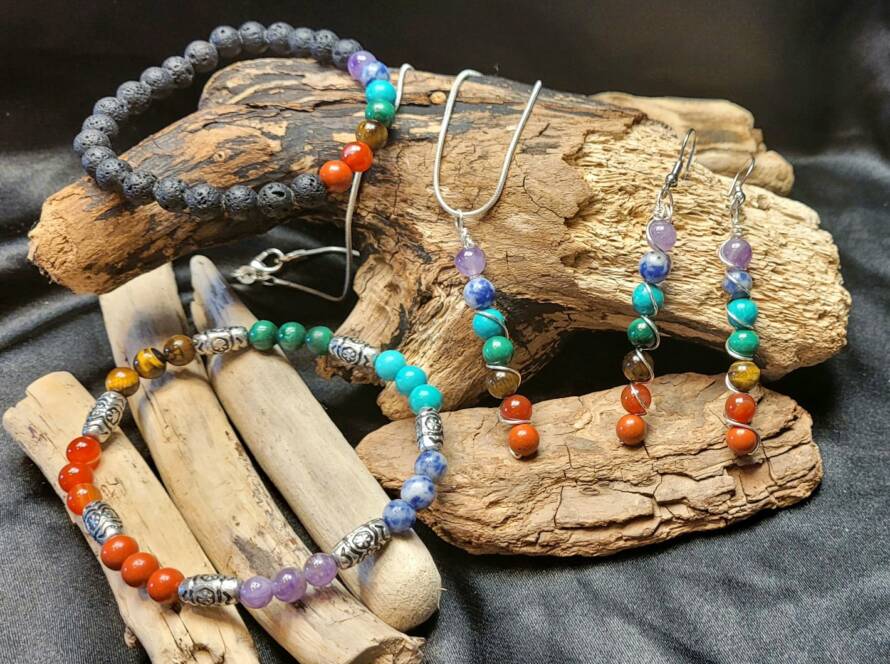 Two Chakra Crystal Bracelets with metal & Lava, Chakra Crystal wire wrapped bead pendant Earrings